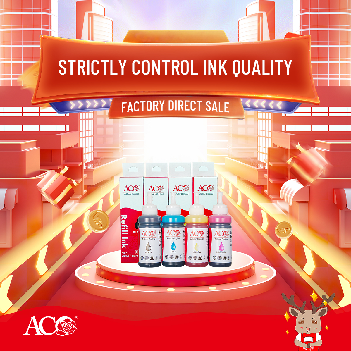 aco-refill-ink-factory-direct-sale.jpg" alt="ACO refill ink bottles set including black cyan yellow magenta with strict ink quality control and factory direct supply for reliable printer performance