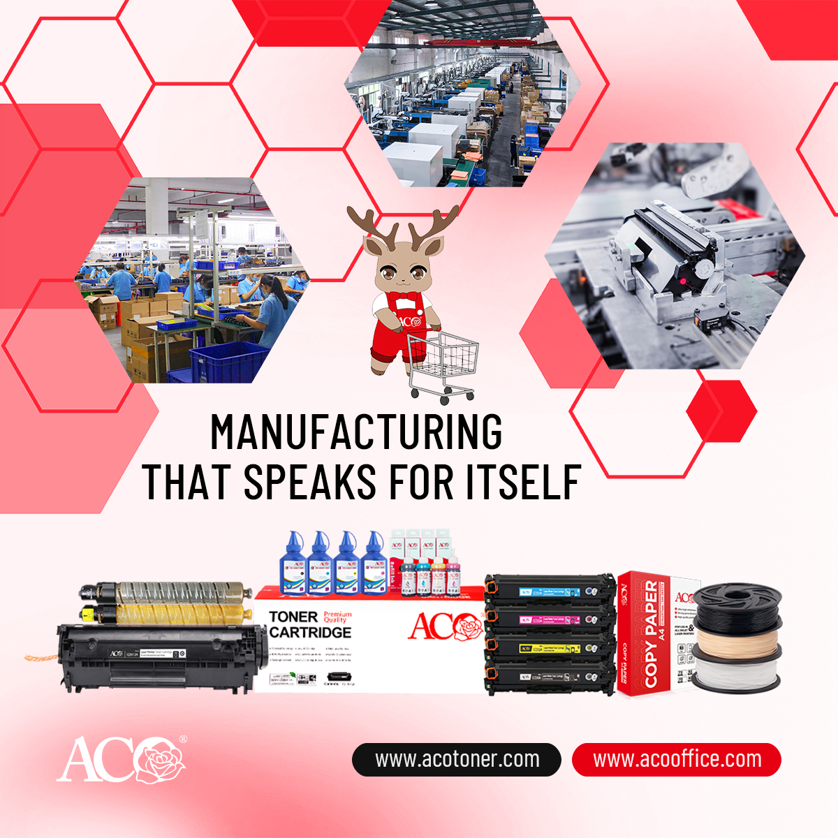 Manufacturing factory scene with toner cartridges, printer supplies, and production lines showcasing ACO brand products including toner, ink bottles, copy paper, and 3D printing filament