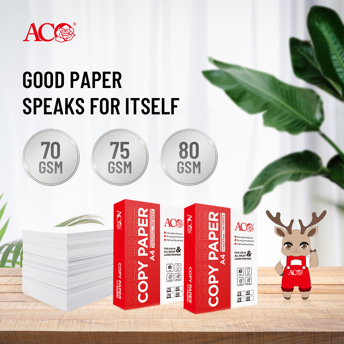 ACO Copy Paper A4 210x297mm 500 sheets per ream, available in 70 GSM, 75 GSM and 80 GSM — ultra high whiteness, high quality printing for all inkjet and laser printers