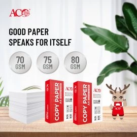 ACO Copy Paper — A4 210×297mm, 500 sheets per ream, in 70 GSM, 75 GSM and 80 GSM.